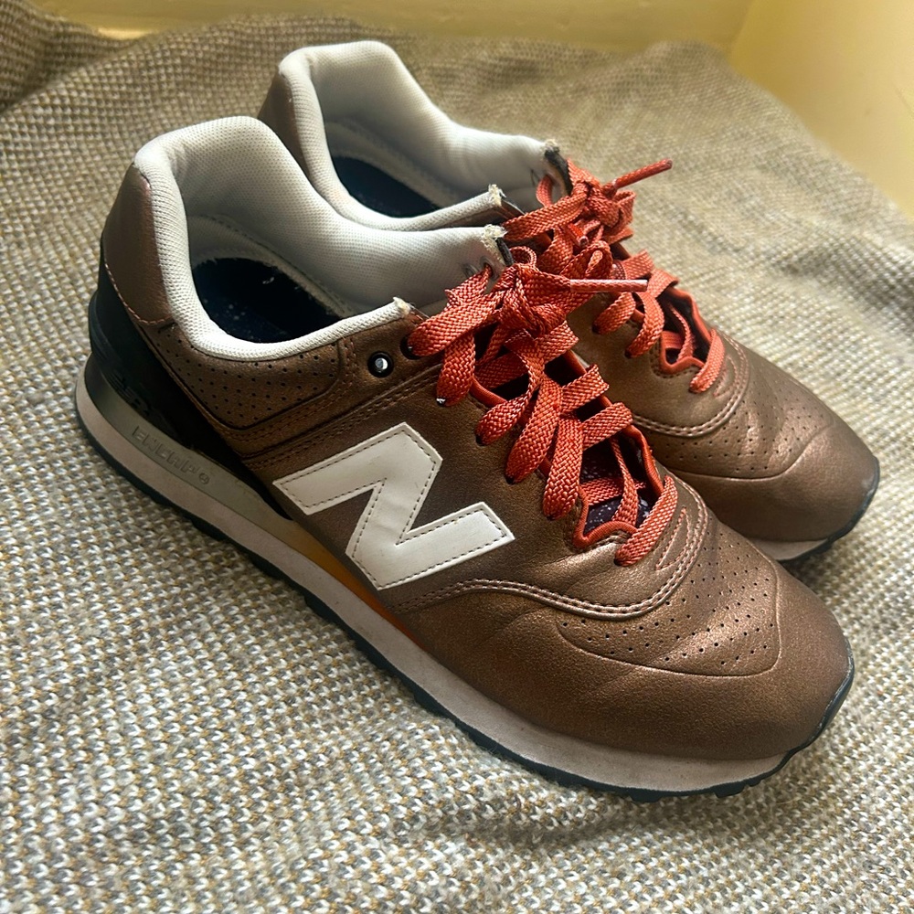 NEW BALANCE 574 retro bronze orange leather sneakers shoes 9.5 10 41.5